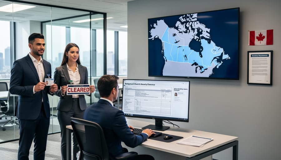 Hands holding identification documents and security clearance papers on office desk