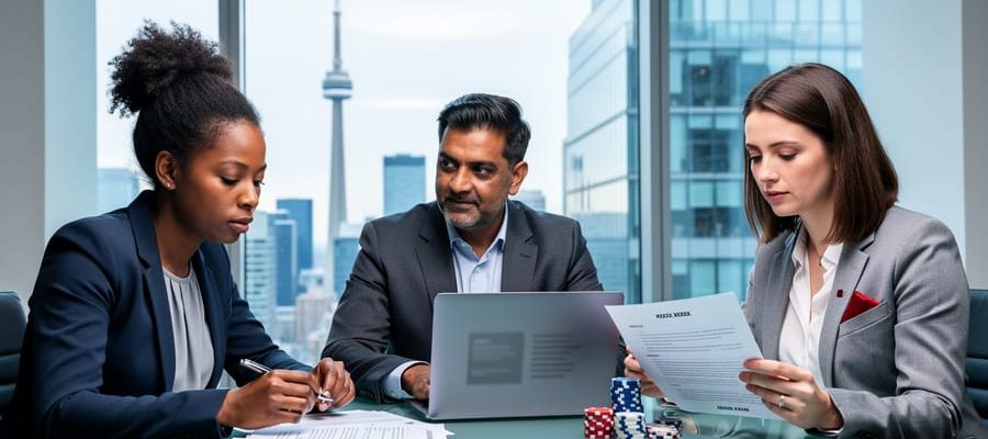 Three HR professionals in a modern Toronto conference room review compliance documents beside a laptop and a small stack of poker chips, with the CN Tower blurred outside the window.
