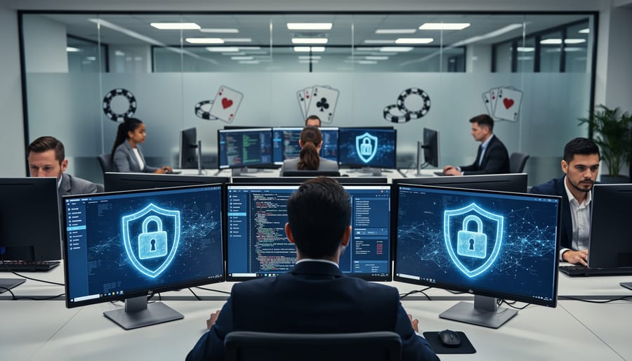 Secure server room with blue lighting and biometric security access control