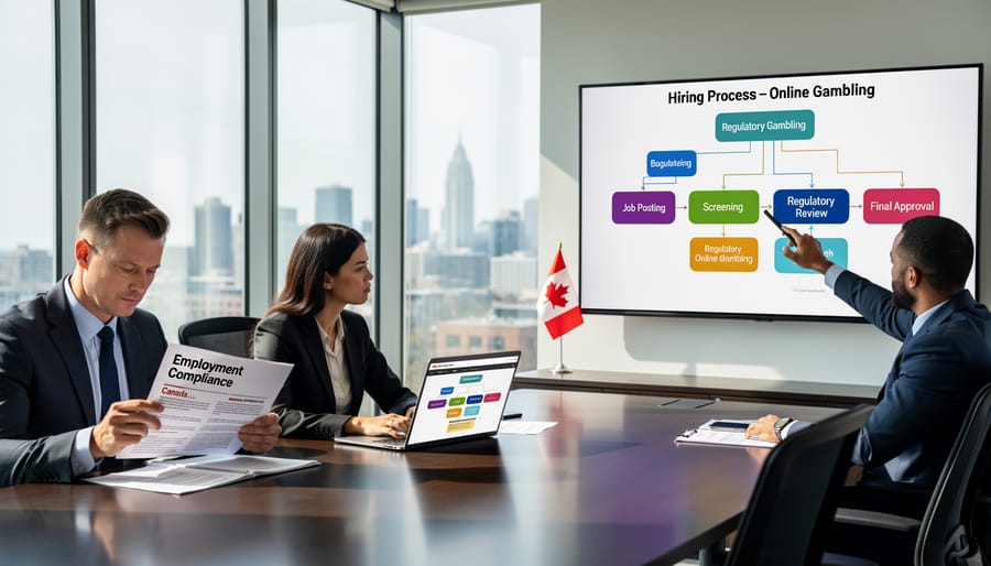 HR professionals in corporate meeting discussing employment compliance documents