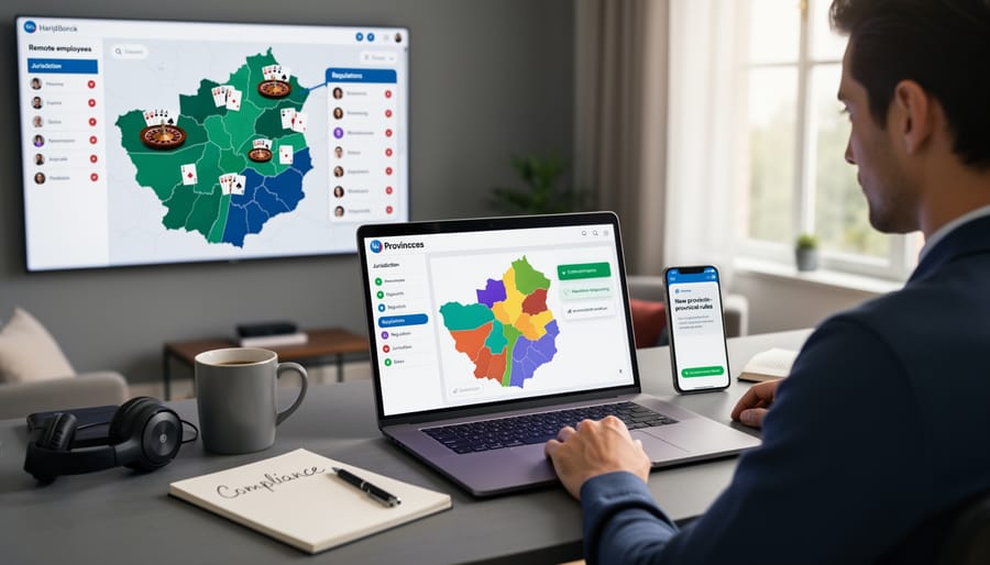 Professional working remotely from home office with multiple computer monitors