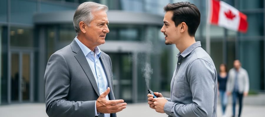 Manager addresses an employee holding a vape pen near a glass office entrance, faint vapor visible, with coworkers and a small Canadian flag blurred in the background under overcast daylight