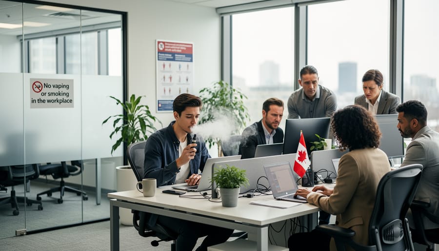 Employee using vaping device at office desk with vapor visible