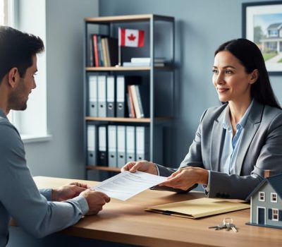 HR manager and employee sit across a desk discussing time off, with non-legible paperwork, a manila folder, house keys, and a small model home; soft daylight and a blurred office background with a bookshelf, Canadian flag, and framed house photo.