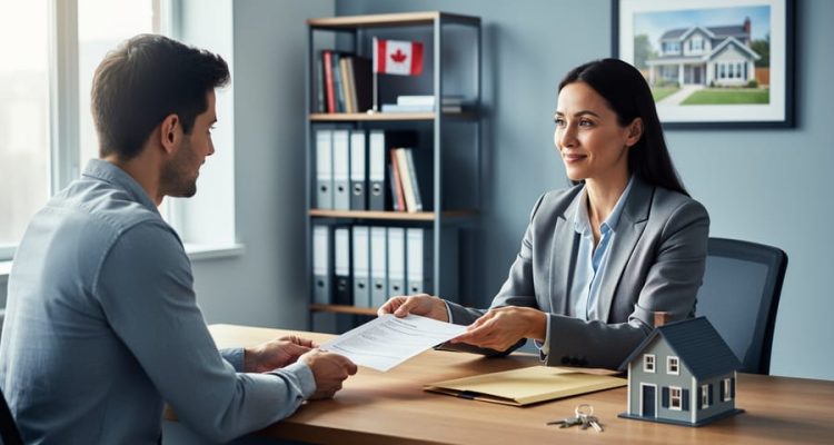 HR manager and employee sit across a desk discussing time off, with non-legible paperwork, a manila folder, house keys, and a small model home; soft daylight and a blurred office background with a bookshelf, Canadian flag, and framed house photo.