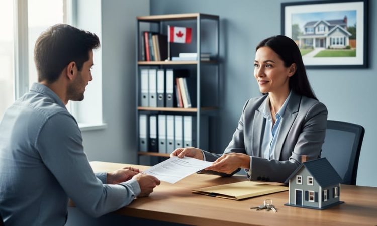 HR manager and employee sit across a desk discussing time off, with non-legible paperwork, a manila folder, house keys, and a small model home; soft daylight and a blurred office background with a bookshelf, Canadian flag, and framed house photo.
