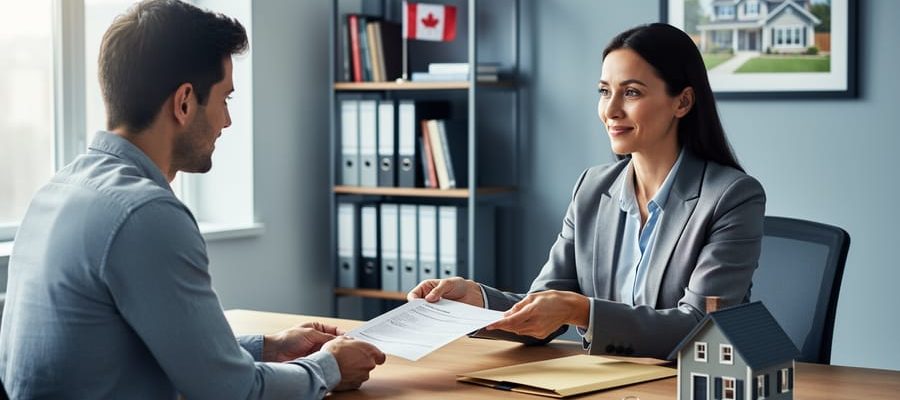 HR manager and employee sit across a desk discussing time off, with non-legible paperwork, a manila folder, house keys, and a small model home; soft daylight and a blurred office background with a bookshelf, Canadian flag, and framed house photo.