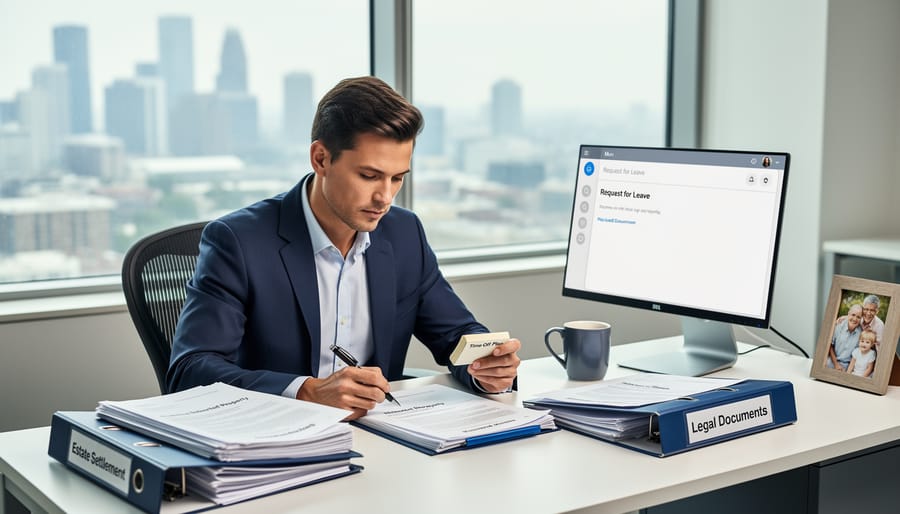 Professional employee reviewing estate documents at office desk with concerned expression