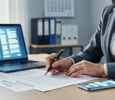 HR professional reviewing employment compliance documents at a desk with a laptop and phone showing unreadable notifications.