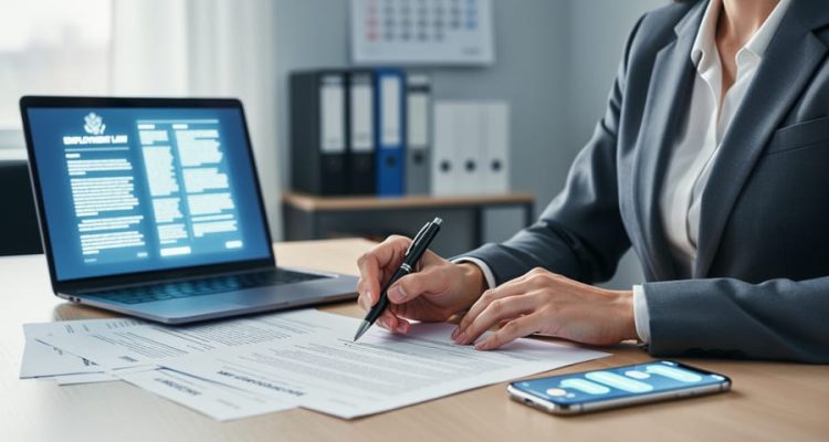 HR professional reviewing employment compliance documents at a desk with a laptop and phone showing unreadable notifications.