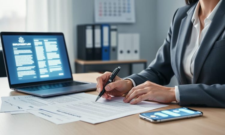 HR professional reviewing employment compliance documents at a desk with a laptop and phone showing unreadable notifications.