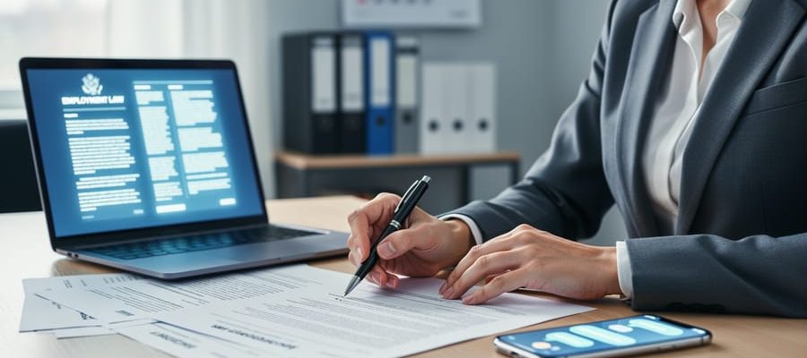 HR professional reviewing employment compliance documents at a desk with a laptop and phone showing unreadable notifications.