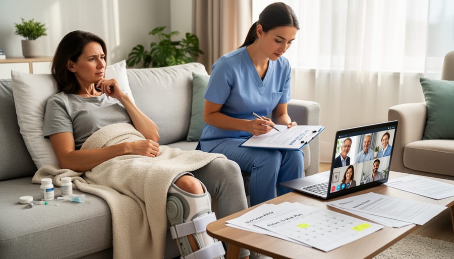 Supportive care scene in a quiet room with a caregiver sitting near a patient