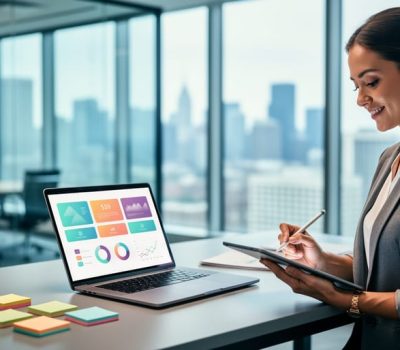 “An HR analyst in a modern office reviews workforce analytics on a laptop and tablet, with subtle data cards and notes indicating certification-focused learning.”