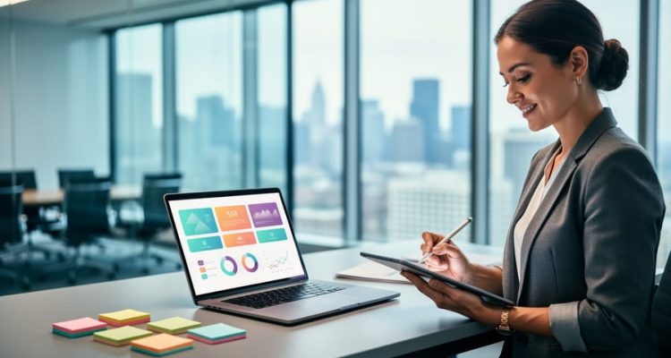 “An HR analyst in a modern office reviews workforce analytics on a laptop and tablet, with subtle data cards and notes indicating certification-focused learning.”