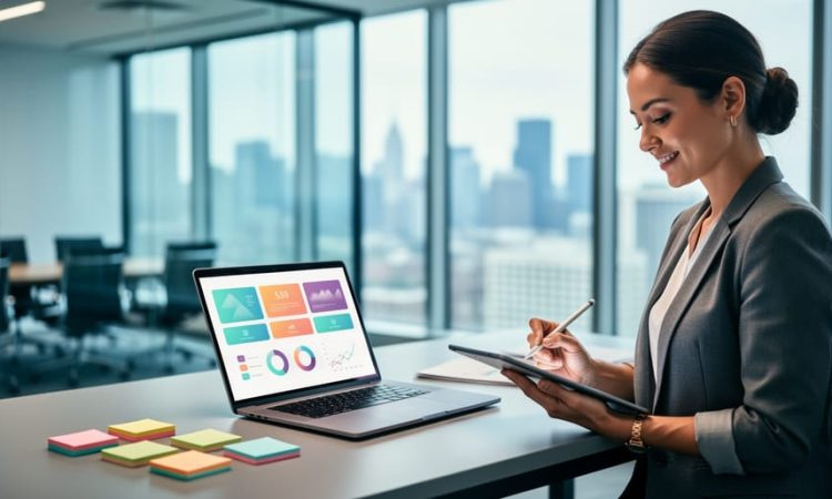 “An HR analyst in a modern office reviews workforce analytics on a laptop and tablet, with subtle data cards and notes indicating certification-focused learning.”
