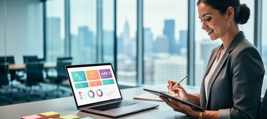 “An HR analyst in a modern office reviews workforce analytics on a laptop and tablet, with subtle data cards and notes indicating certification-focused learning.”