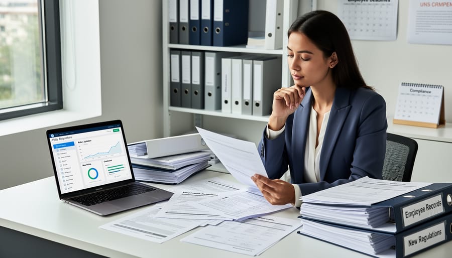 HR professional reviewing employment documents in a modern office