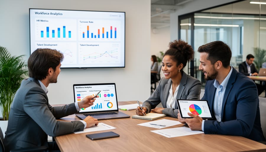 HR professional presenting workforce documents to a small team in a modern office