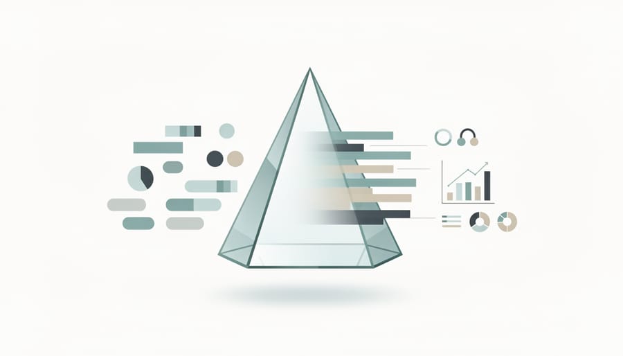 Glass prism on a desk with sticky notes and a magnifying glass symbolizing insight