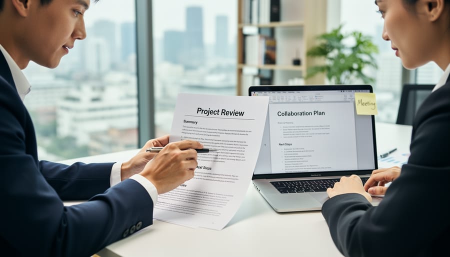 Business professionals collaborating over a laptop and bilingual document folder in an office
