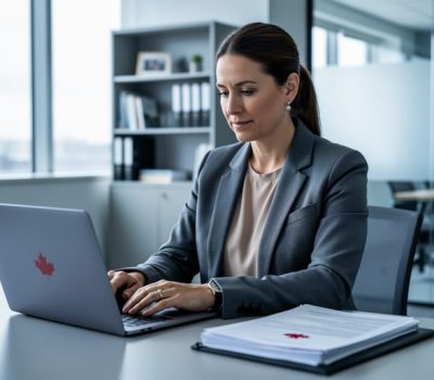 A Canadian HR consultant reviews employment law compliance documents on a laptop in a modern office, with a folder showing a maple-leaf symbol (no readable text).