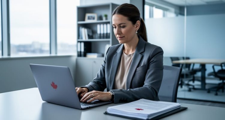 A Canadian HR consultant reviews employment law compliance documents on a laptop in a modern office, with a folder showing a maple-leaf symbol (no readable text).