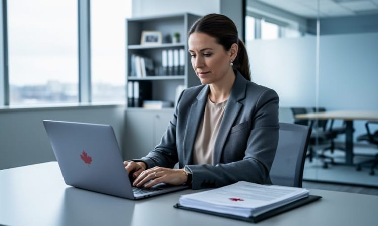 A Canadian HR consultant reviews employment law compliance documents on a laptop in a modern office, with a folder showing a maple-leaf symbol (no readable text).