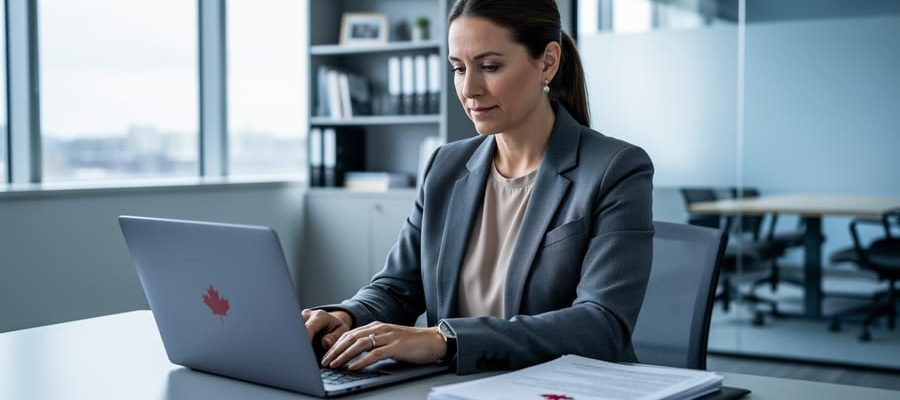 A Canadian HR consultant reviews employment law compliance documents on a laptop in a modern office, with a folder showing a maple-leaf symbol (no readable text).