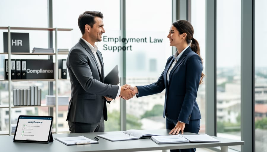 Canadian HR professional and employment law consultant shaking hands in a modern office while reviewing a folder of workplace policies