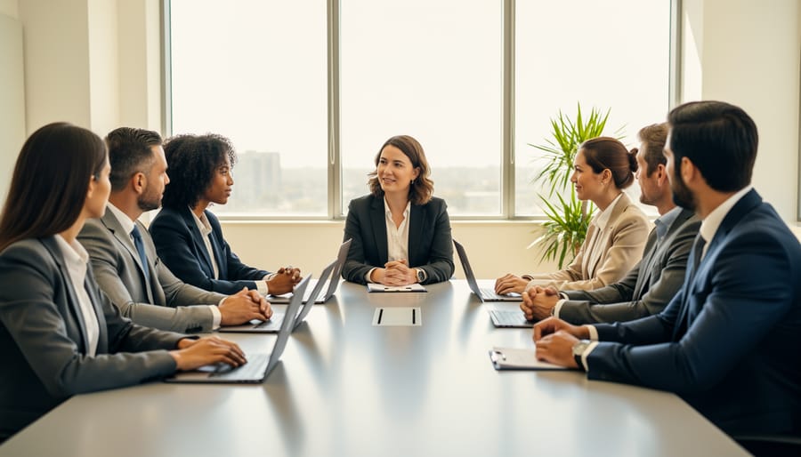 Diverse group in a meeting room during an interview conversation with HR professionals