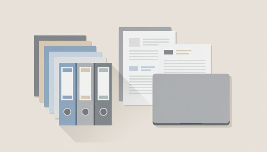 Employment compliance binder and blank document on a laptop on a conference table with a magnifying glass and notepad