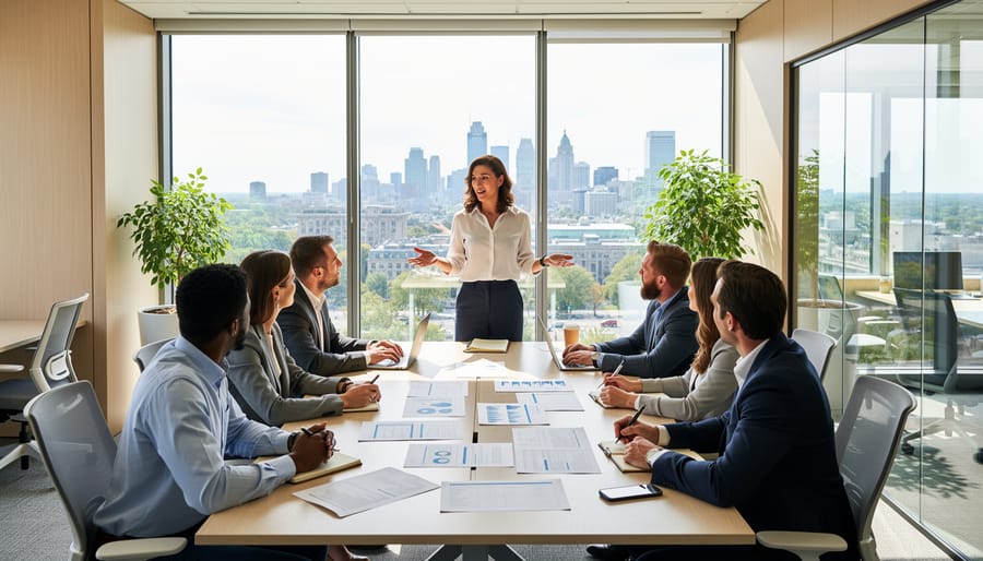Human resources supervisor reviewing policy binders with colleagues in a meeting room