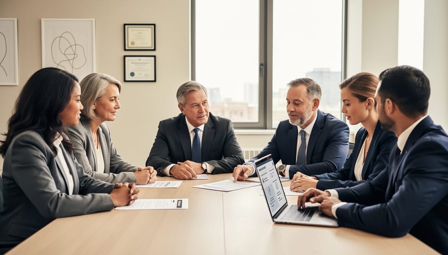 Lawyer and client reviewing documents during a consultation at a conference table