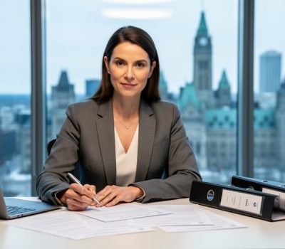 HR supervisor reviewing documents at a desk in a modern Ottawa office with a blurred government building background.