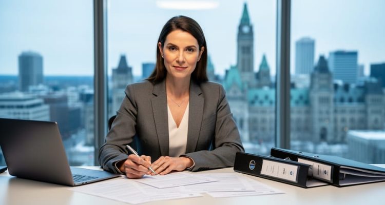 HR supervisor reviewing documents at a desk in a modern Ottawa office with a blurred government building background.