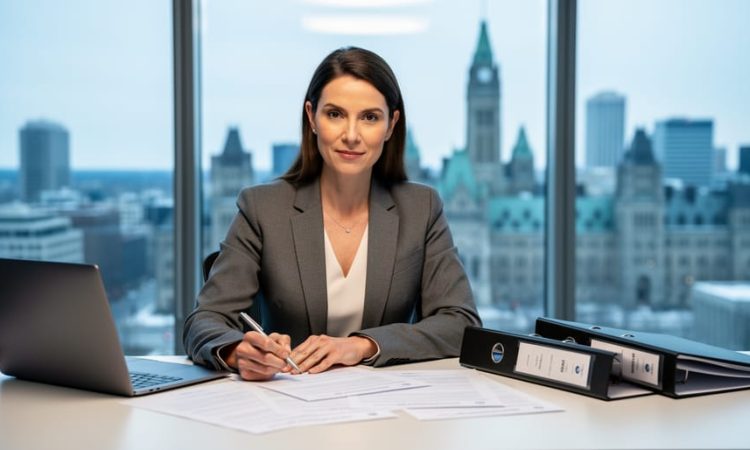 HR supervisor reviewing documents at a desk in a modern Ottawa office with a blurred government building background.