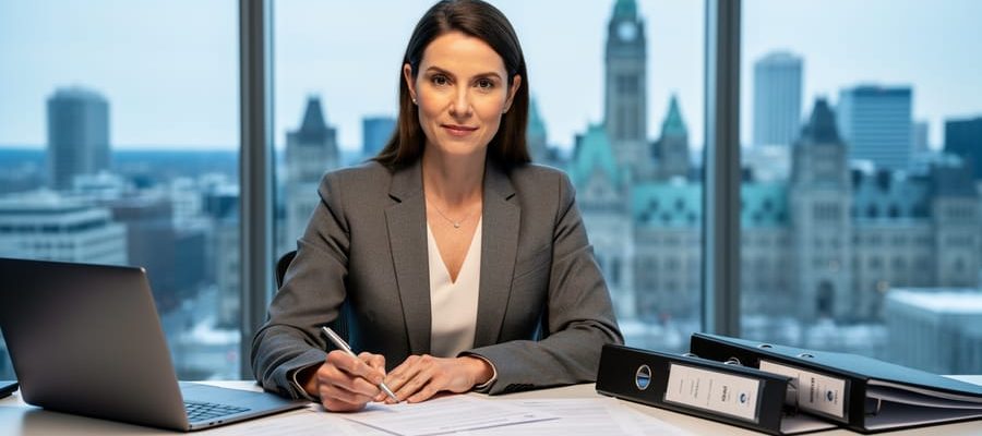 HR supervisor reviewing documents at a desk in a modern Ottawa office with a blurred government building background.