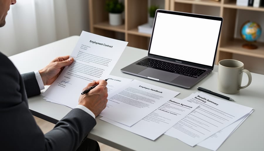Person reviewing termination and severance paperwork at a desk in an office setting