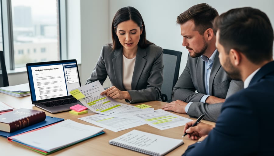 Two professionals in a meeting room reviewing notes and printed documents for a workplace investigation