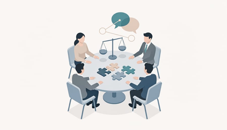 People collaborating around a meeting table with documents and hand gestures in a modern office setting.