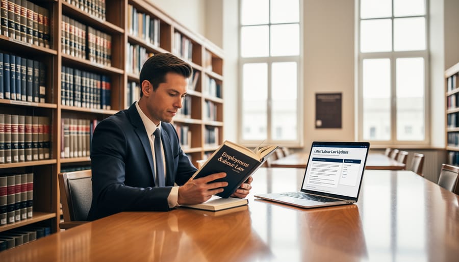 Person reading thick law books in a softly lit library with blurred shelves in the background.