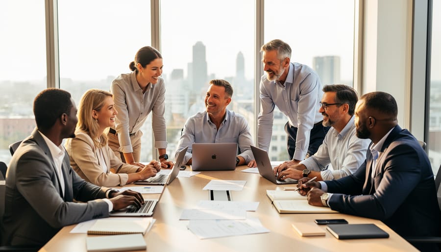 A diverse group of professionals collaborating around a meeting table with visible engagement and shared participation.