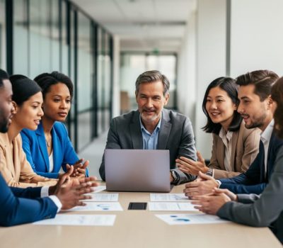 Diverse workplace team of HR and colleagues collaborating around a laptop in a modern office, illustrating inclusion and shared participation.