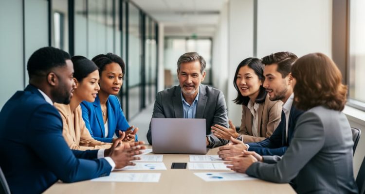 Diverse workplace team of HR and colleagues collaborating around a laptop in a modern office, illustrating inclusion and shared participation.