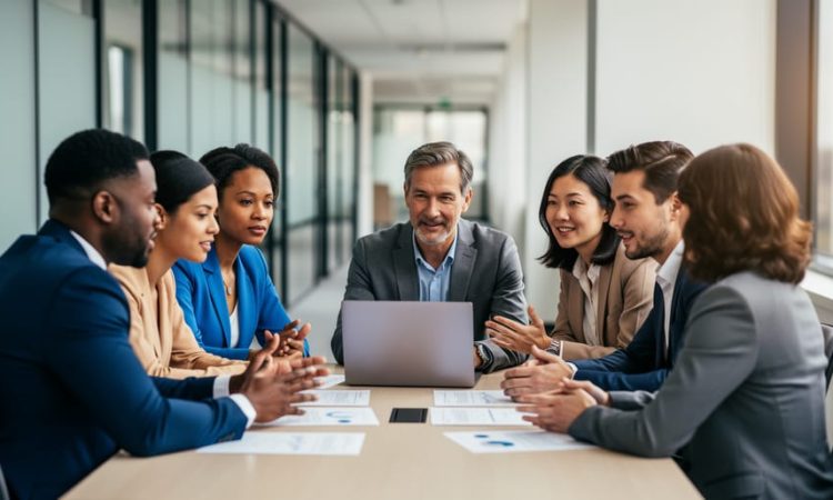 Diverse workplace team of HR and colleagues collaborating around a laptop in a modern office, illustrating inclusion and shared participation.