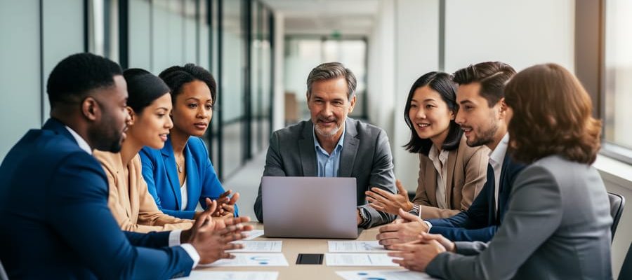 Diverse workplace team of HR and colleagues collaborating around a laptop in a modern office, illustrating inclusion and shared participation.