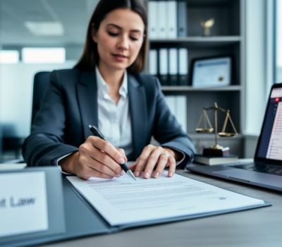 HR professional reviewing employment compliance documents in a modern office with a laptop in the background.