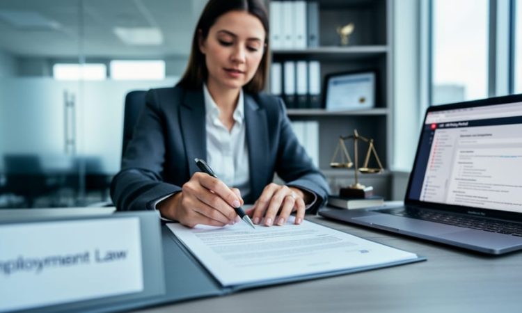 HR professional reviewing employment compliance documents in a modern office with a laptop in the background.