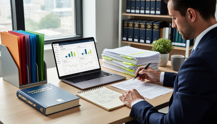 Law office desk with open legal binder, case files, and pen arranged for detailed employment law research.